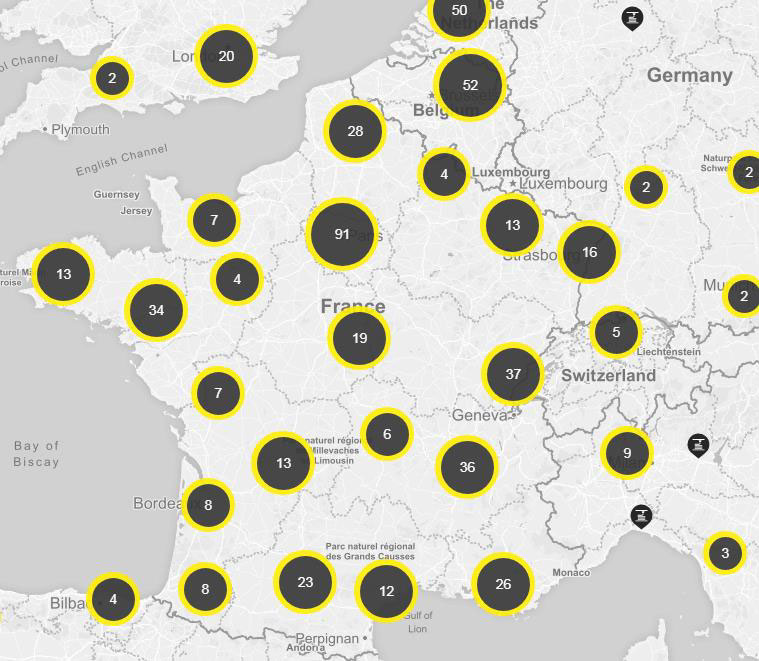 Capture d'écran : carte de France montrant le nombre de Fablabs de chaque région. 