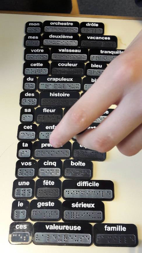 Photo montrant des tuiles portant des mots gravés en caractères agrandis et en braille, pour un jeu de français.